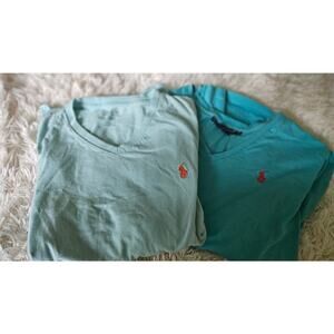Ralph Lauren Bundle-2 V-Neck T-Shirts, (1) long slv Teal, (1) short slv Aqua SzM
